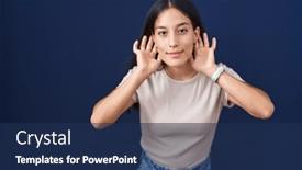  Presentation with deaf - PPT layouts featuring young-hispanic-woman-standing-over background and a navy blue colored foreground