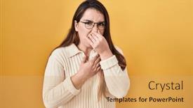  Presentation with bad breath - Presentation theme enhanced with young-hispanic-woman-standing-over background and a coral colored foreground