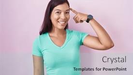  Presentation with thought - Presentation consisting of young-hispanic-woman-standing-over background and a light blue colored foreground