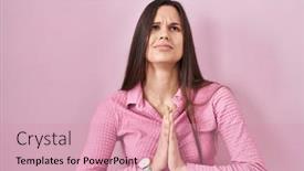  Presentation with praying hands - Presentation theme enhanced with young-hispanic-woman-standing-over background and a coral colored foreground