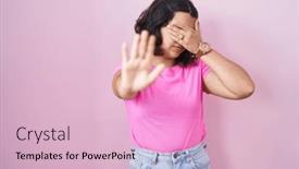  Presentation with woman sad - Presentation theme enhanced with young-hispanic-woman-standing-over background and a  colored foreground