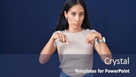  Presentation with unhappy - Presentation design enhanced with young-hispanic-woman-standing-over background and a ocean colored foreground