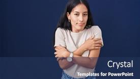  Presentation with winter blue - Slides featuring young-hispanic-woman-standing-over background and a ocean colored foreground
