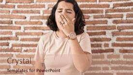  Presentation with sleepiness - Presentation design consisting of young-hispanic-woman-standing-over background and a coral colored foreground