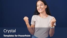  Presentation with winner - Presentation theme having young-hispanic-woman-standing-over background and a navy blue colored foreground