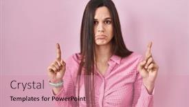  Presentation with direction - PPT theme consisting of young-hispanic-woman-standing-over background and a coral colored foreground