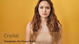  Presentation with simple - Presentation theme enhanced with young-hispanic-woman-standing-over background and a gold colored foreground