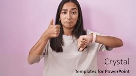  Presentation with conflict - PPT theme consisting of young-hispanic-woman-standing-over background and a mint green colored foreground