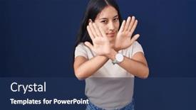  Presentation with negative - Presentation theme featuring young-hispanic-woman-standing-over background and a navy blue colored foreground