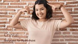  Presentation with great idea - Slide set enhanced with young-hispanic-woman-standing-over background and a  colored foreground