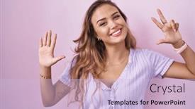  Presentation with confident young hispanic woman - Slide set having young-hispanic-woman-standing-over and a light blue colored foreground