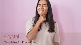  Presentation with sore throat - Slide deck with young-hispanic-woman-standing-over and a coral colored foreground