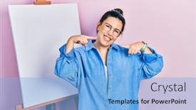  Presentation with hispanic - Presentation theme with young-hispanic-woman-standing background and a light blue colored foreground