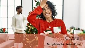  Presentation with christmas tree - PPT layouts enhanced with young-hispanic-woman-standing background and a coral colored foreground