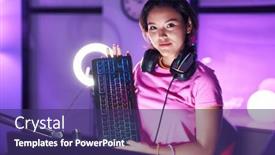  Presentation with streamer - PPT layouts featuring young-hispanic-woman-streamer-smiling background and a violet colored foreground