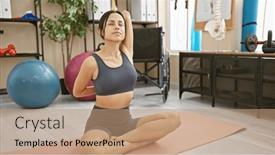  Presentation with healthy-lifestyle - PPT theme featuring young-hispanic-woman-stretches-peacefully background and a coral colored foreground