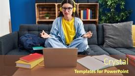  Presentation with headphones - Presentation theme consisting of young-hispanic-woman-studying-using background and a tawny brown colored foreground