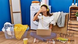  Presentation with woman sad - PPT theme enhanced with young-hispanic-woman-studying background and a coral colored foreground