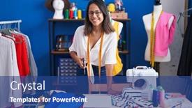  Presentation with cost cutting - PPT theme with young-hispanic-woman-tailor-cutting background and a ocean colored foreground