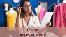  Presentation with listening woman - Presentation theme having young-hispanic-woman-tailor-listening background and a coral colored foreground