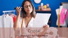  Presentation with voice - PPT layouts consisting of young-hispanic-woman-tailor-listening background and a  colored foreground