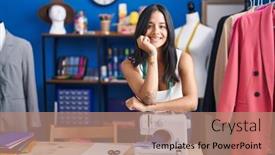  Presentation with confident young hispanic woman - PPT theme having young-hispanic-woman-tailor-smiling background and a coral colored foreground