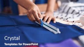  Presentation with sewing - Slide deck having young-hispanic-woman-tailor-working background and a ocean colored foreground