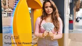  Presentation with cash - Presentation theme enhanced with young-hispanic-woman-taking-cash background and a gold colored foreground