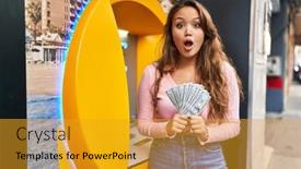  Presentation with atm - Slide deck consisting of young-hispanic-woman-taking-cash background and a gold colored foreground