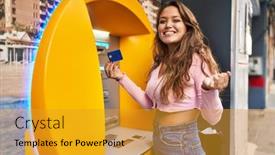  Presentation with atm - PPT theme consisting of young-hispanic-woman-taking-cash background and a gold colored foreground