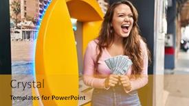  Presentation with atm - Slide deck consisting of young-hispanic-woman-taking-cash background and a gold colored foreground