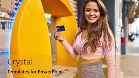  Presentation with atm - Slide deck consisting of young-hispanic-woman-taking-cash background and a gold colored foreground