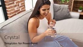  Presentation with drinking water - PPT theme featuring young-hispanic-woman-taking-pill background and a coral colored foreground