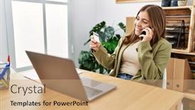  Presentation with credit card - Presentation design consisting of young-hispanic-woman-talking background and a coral colored foreground