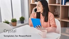  Presentation with smartphone - Presentation having young-hispanic-woman-talking background and a light gray colored foreground