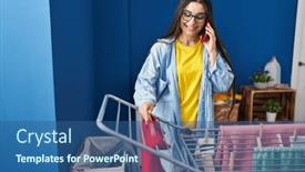  Presentation with laundry room - Slide deck with young-hispanic-woman-talking background and a ocean colored foreground