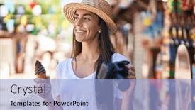 Presentation with reflex - Presentation having young-hispanic-woman-tourist-eating background and a light blue colored foreground