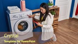  Presentation with laundry room - Slides with young-hispanic-woman-turning background and a violet colored foreground