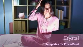  Presentation with computer - Presentation theme consisting of young-hispanic-woman-using-computer background and a  colored foreground