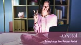  Presentation with computer - Presentation design having young-hispanic-woman-using-computer background and a  colored foreground