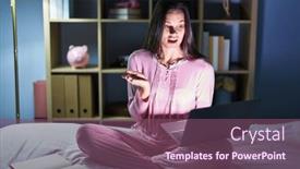  Presentation with woman hands open - Presentation theme featuring young-hispanic-woman-using-computer background and a  colored foreground