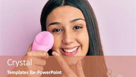  Presentation with facial - Theme having young-hispanic-woman-using-facial background and a coral colored foreground