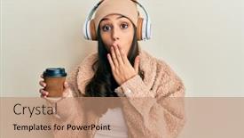  Presentation with headphones - Slide set with young-hispanic-woman-using-headphones background and a coral colored foreground