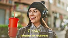  Presentation with headphones - Slide deck with young-hispanic-woman-using-headphones background and a violet colored foreground