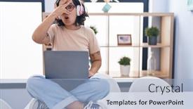  Presentation with laptop - Presentation theme with young-hispanic-woman-using-laptop background and a light blue colored foreground