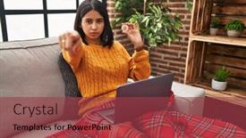  Presentation with confident young hispanic woman - PPT theme having young-hispanic-woman-using-laptop background and a  colored foreground