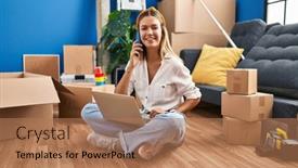  Presentation with new home - PPT layouts with young-hispanic-woman-using-laptop background and a coral colored foreground