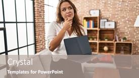  Presentation with laptop blank screen - Slides consisting of young-hispanic-woman-using-laptop background and a  colored foreground