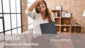  Presentation with laptop blank screen - Slides with young-hispanic-woman-using-laptop background and a  colored foreground