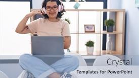  Presentation with laptop - Presentation theme enhanced with young-hispanic-woman-using-laptop background and a light blue colored foreground